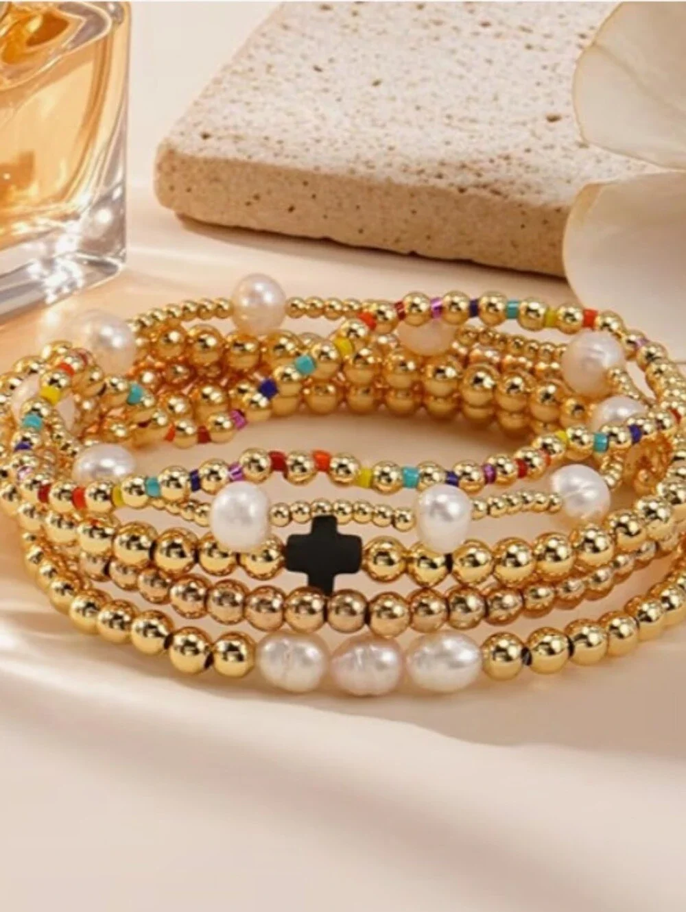 NWT 14K Gold Plated Pearl Beaded Cross Bracelet Stack 5 Pc Set Black - Picture 2 of 6